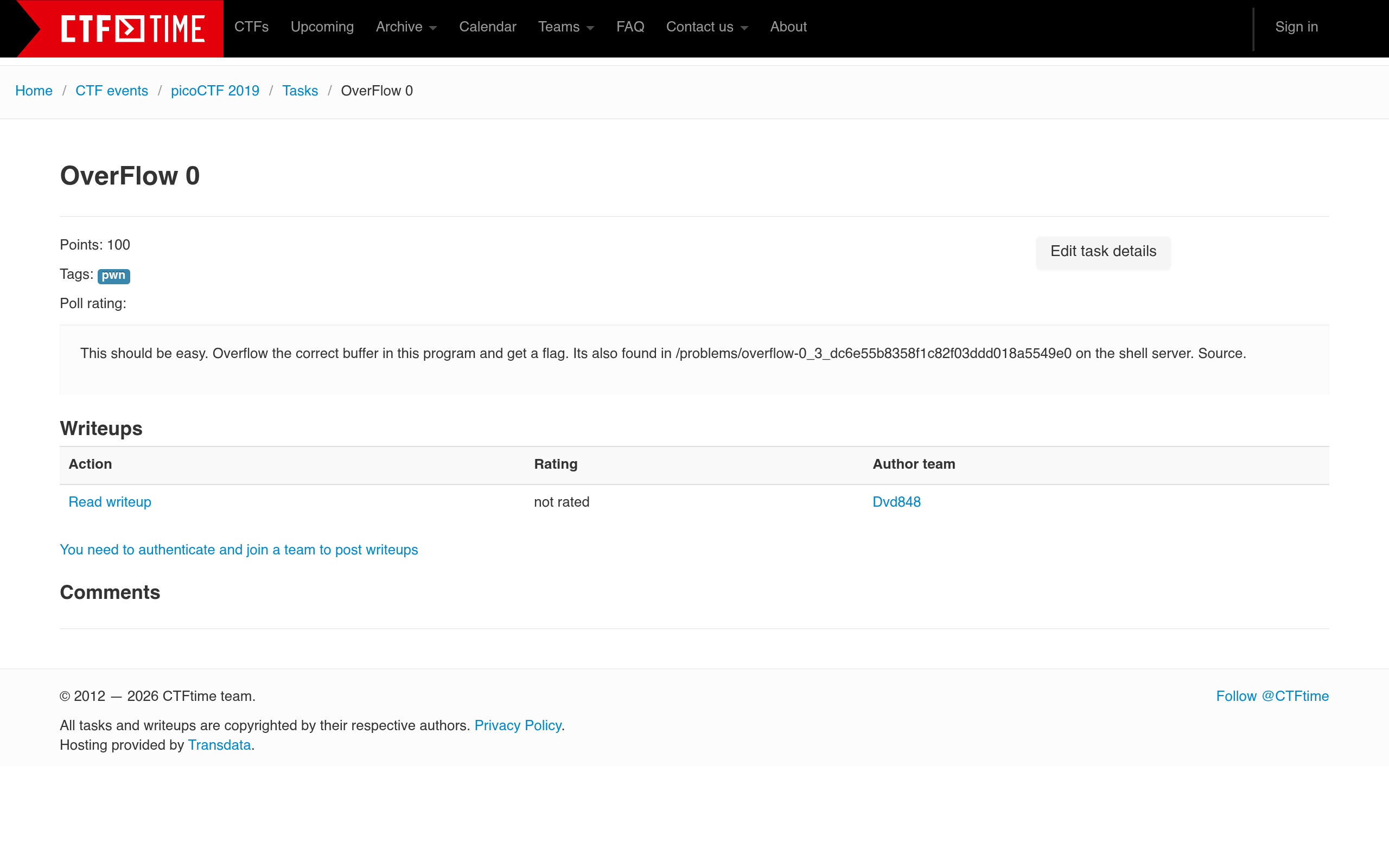 Screenshot of the historical CTFtime page for picoCTF 2019 OverFlow 0